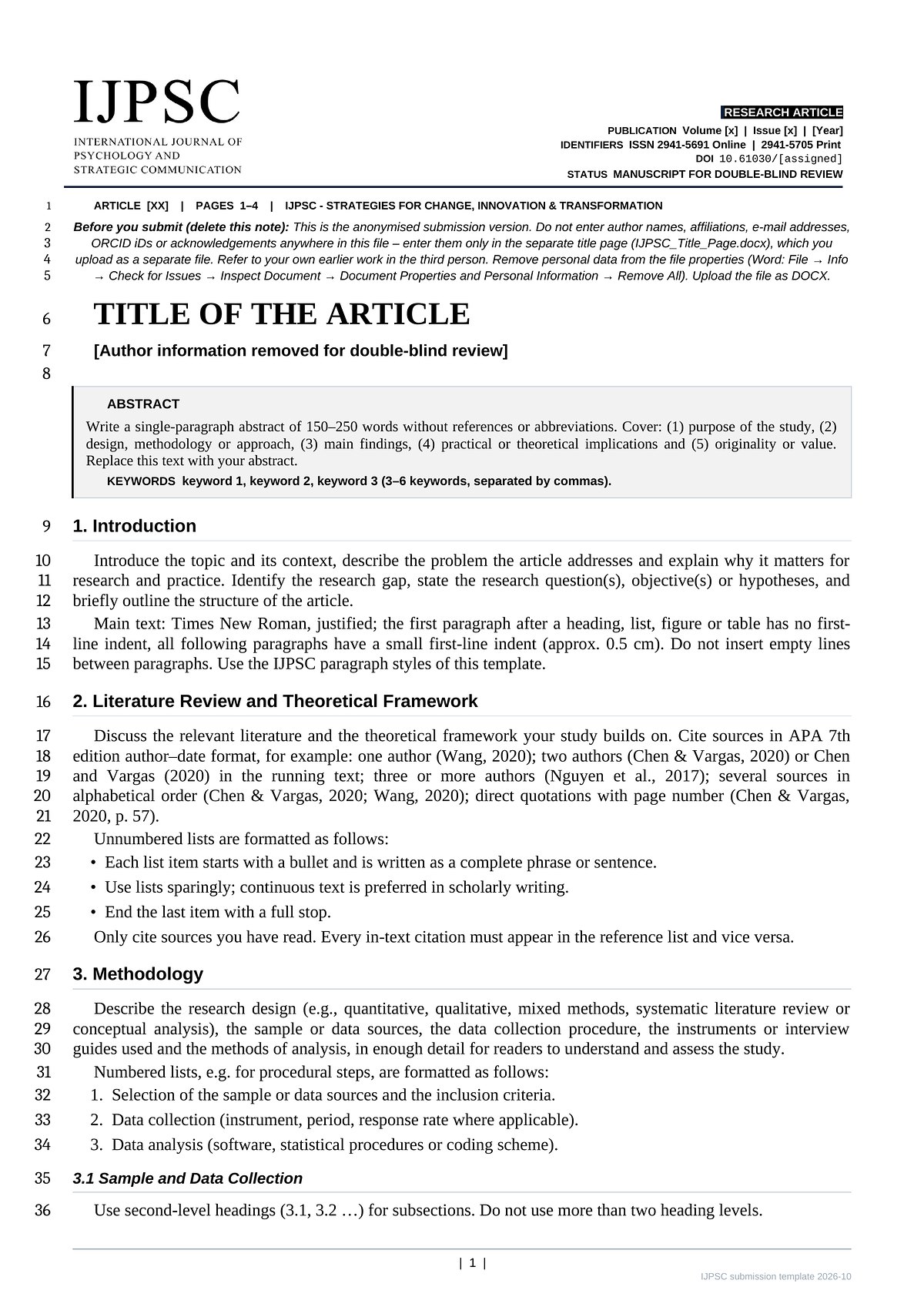 First page of the IJPSC manuscript template: journal header, title, abstract box and numbered lines